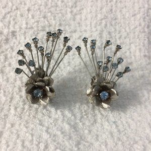 Blue Stone Flower Spray Clip Earrings